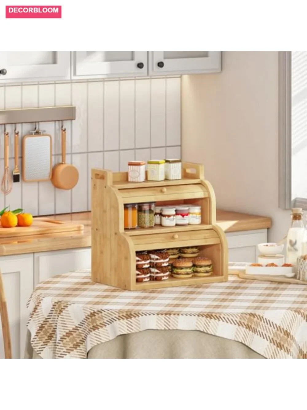 Bamboo 2-Tier Roll-Top Bread Box with Ventilation, Kitchen Storage